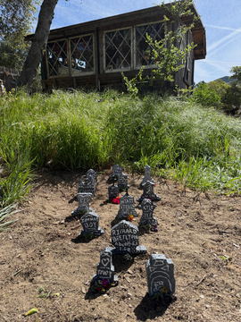 Miniature headstones planted in the dirt in front of a house